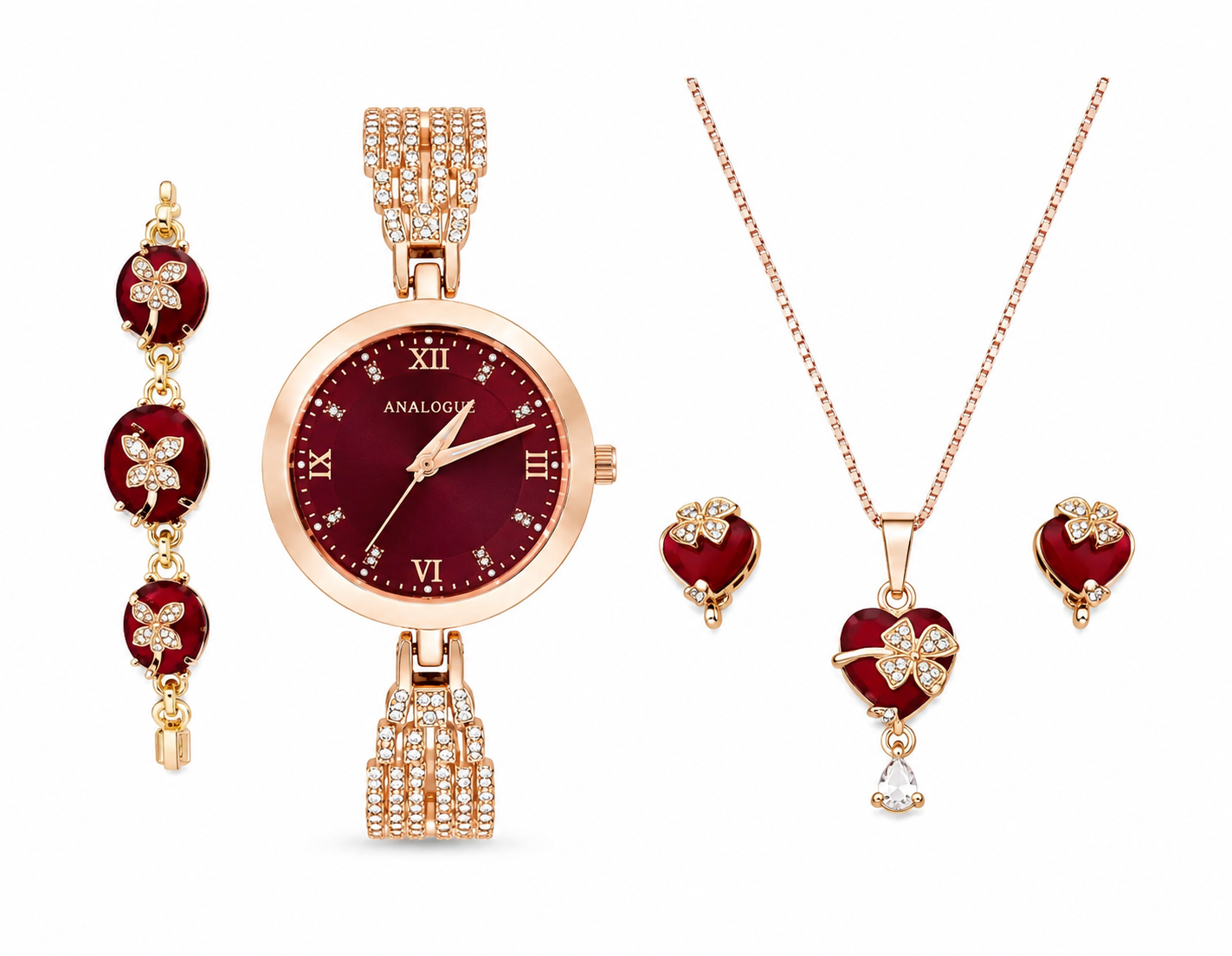 Luxury Rose Gold Analog Watch Combo Set with Heart Pendant, Earrings & Bracelet