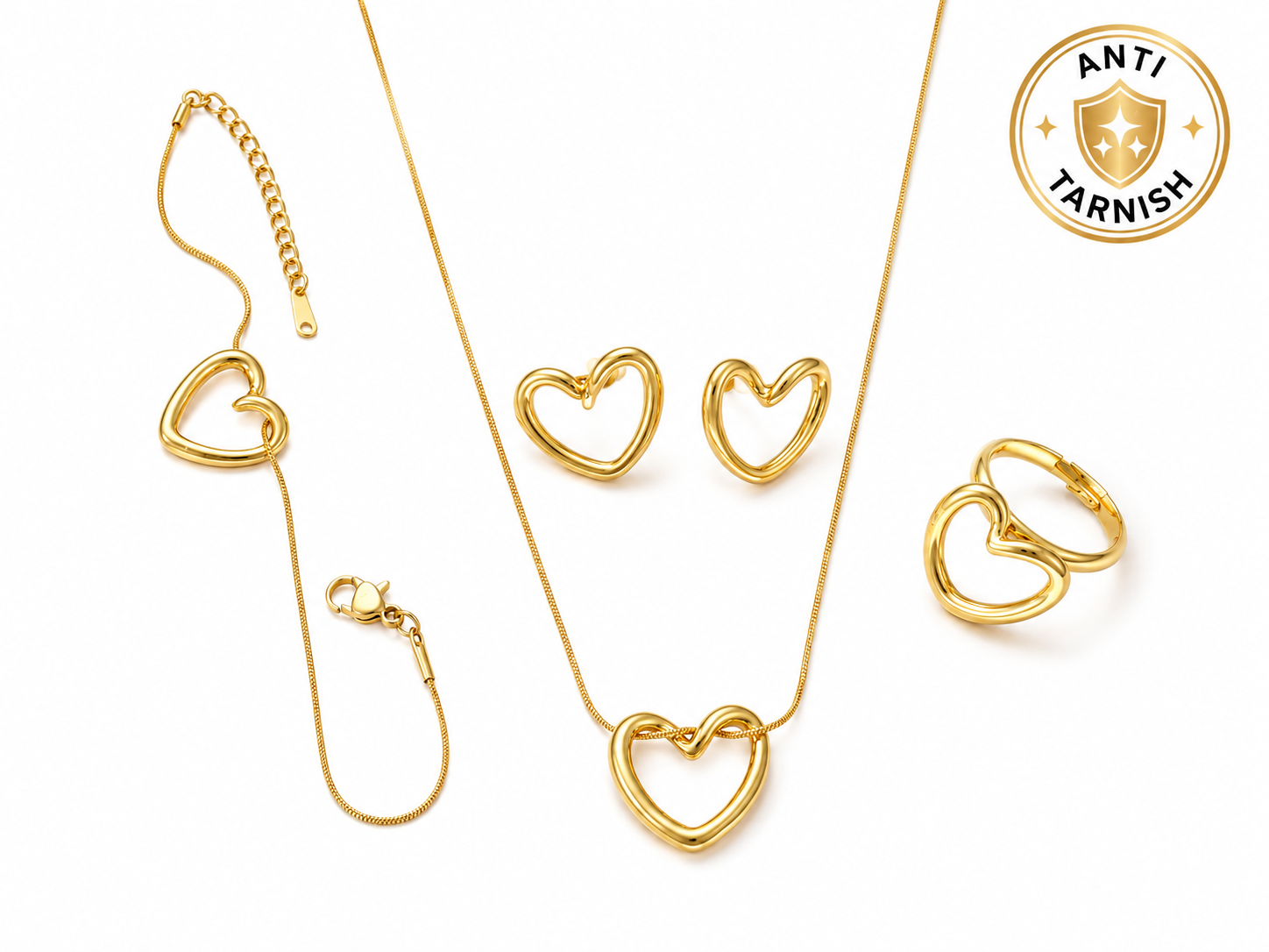 Anti Tarnish Gold Heart Jewelry Set for Women | Necklace, Earrings, Bracelet & Ring