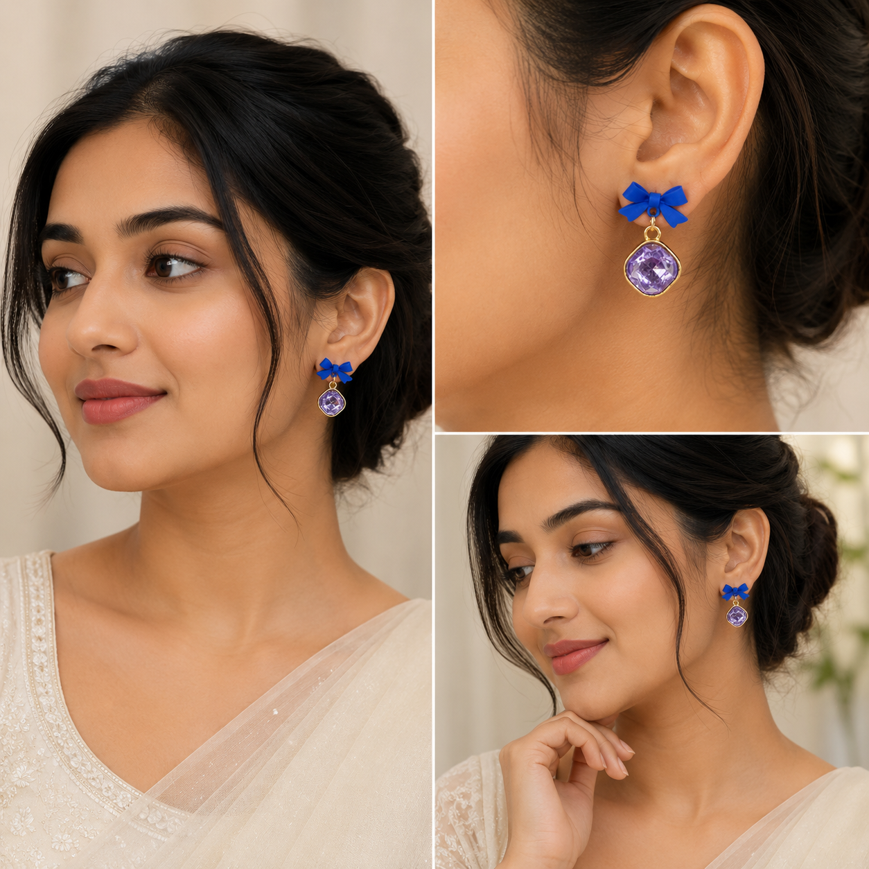 Blue Bow Purple Crystal Dangle Earrings