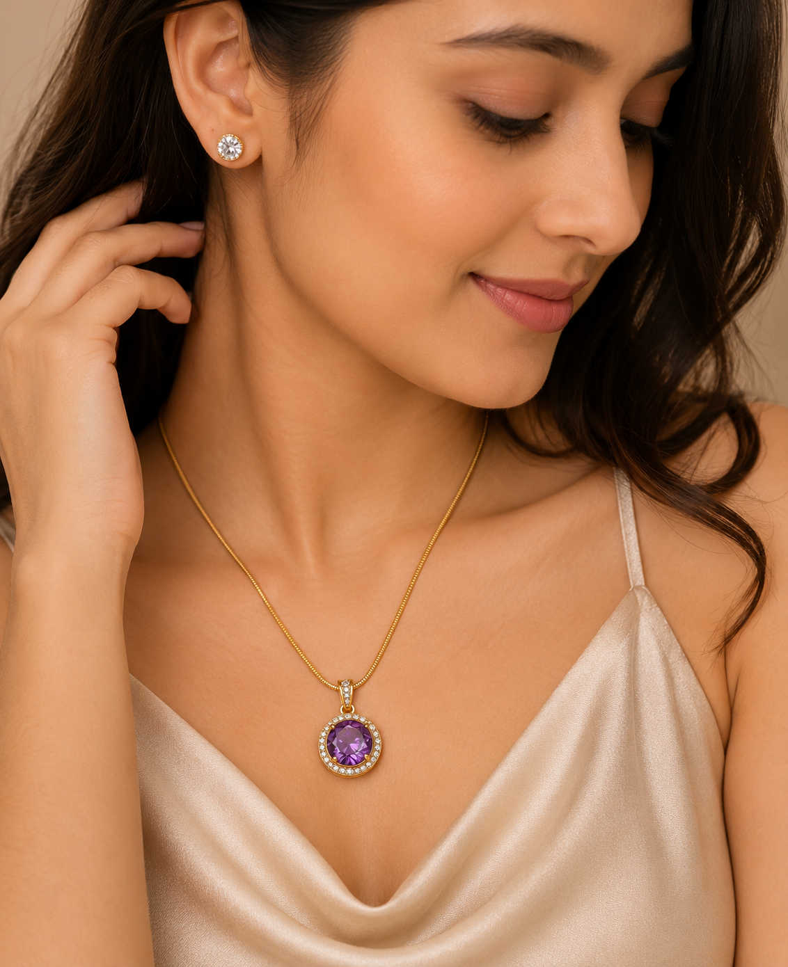 Women's Gold-Plated Purple Crystal Pendant Necklace-WJ-JS26-NL0176