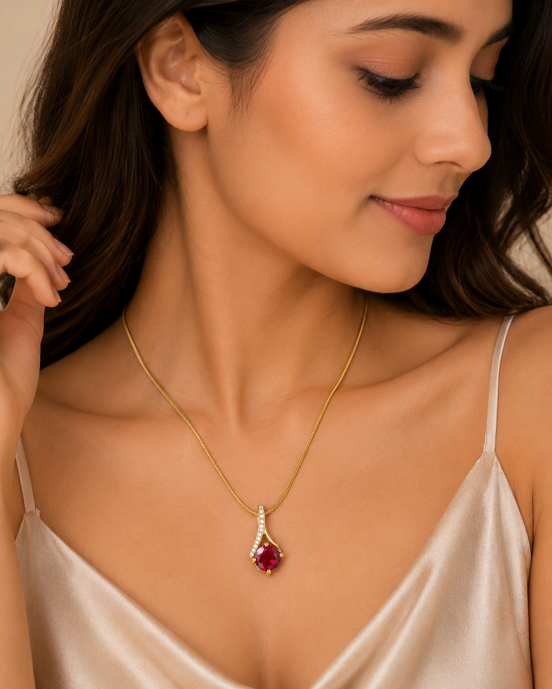 Gold-Plated Ruby Red Crystal Pendant Necklace for Women | Elegant Snake Chain with CZ Accent | Daily Wear & Party Jewelry-WJ-JS26-NL0179