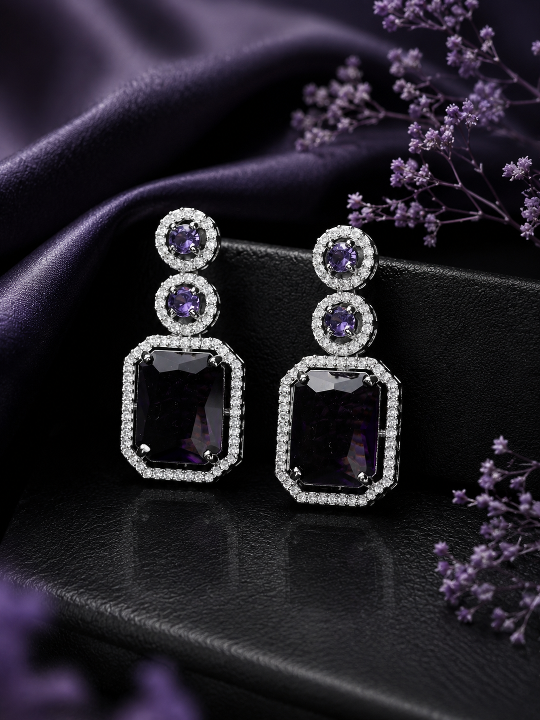 Jazz And Sizzle Silver-Plated Artificial Purple Stone Studded Geometric Drop Earrings for Women