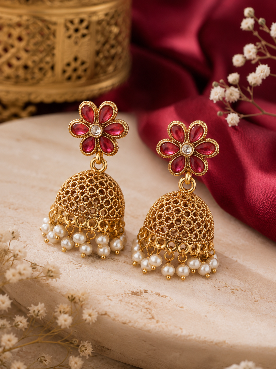 Gold Plated & Red Stone Studded, Pearl Beaded Dome Shaped Jhumka Earring