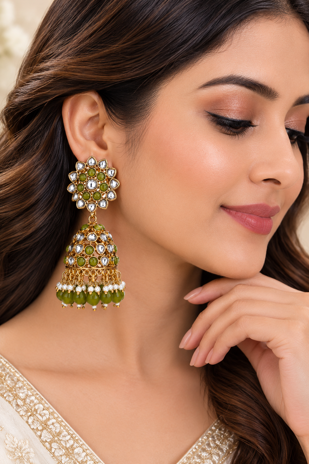 Gold Plated Green & White Kundan Studded & Pearl Beaded Jhumka Earrings