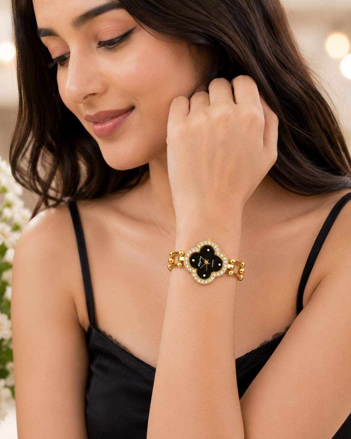 Gold-Toned Crystal-Studded Clover Dial Bracelet Watch for Women | Elegant Analog Quartz Wrist Watch
