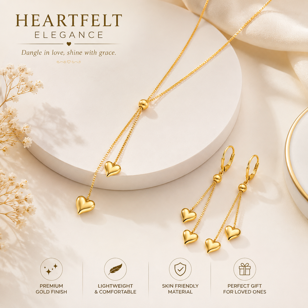 Anti-Tarnish Gold Heart Pendant Necklace with Matching Drop Earrings Set