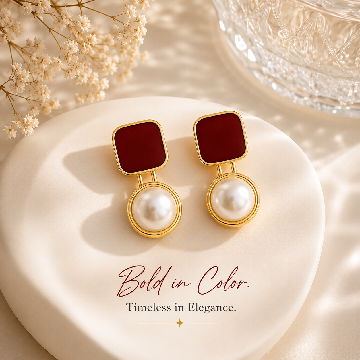 Anti-Tarnish Maroon Enamel Pearl Drop Earrings