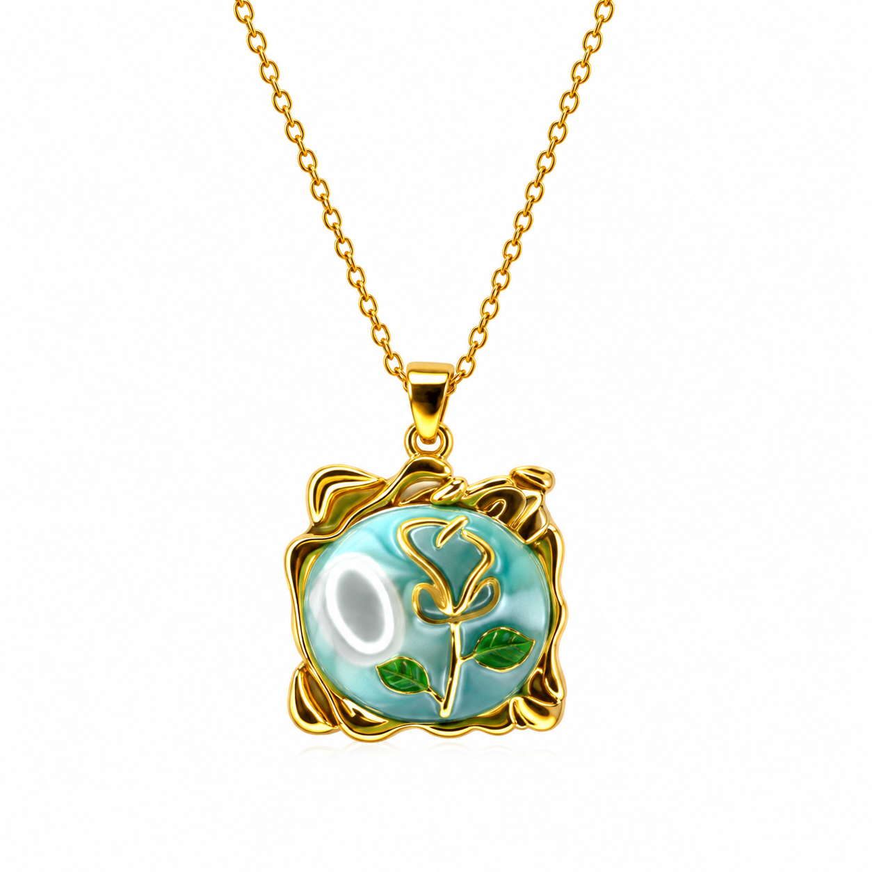 Women's Gold-Plated Floral Pendant Necklace | Green Enamel Rose Design | Anti-Tarnish Chain