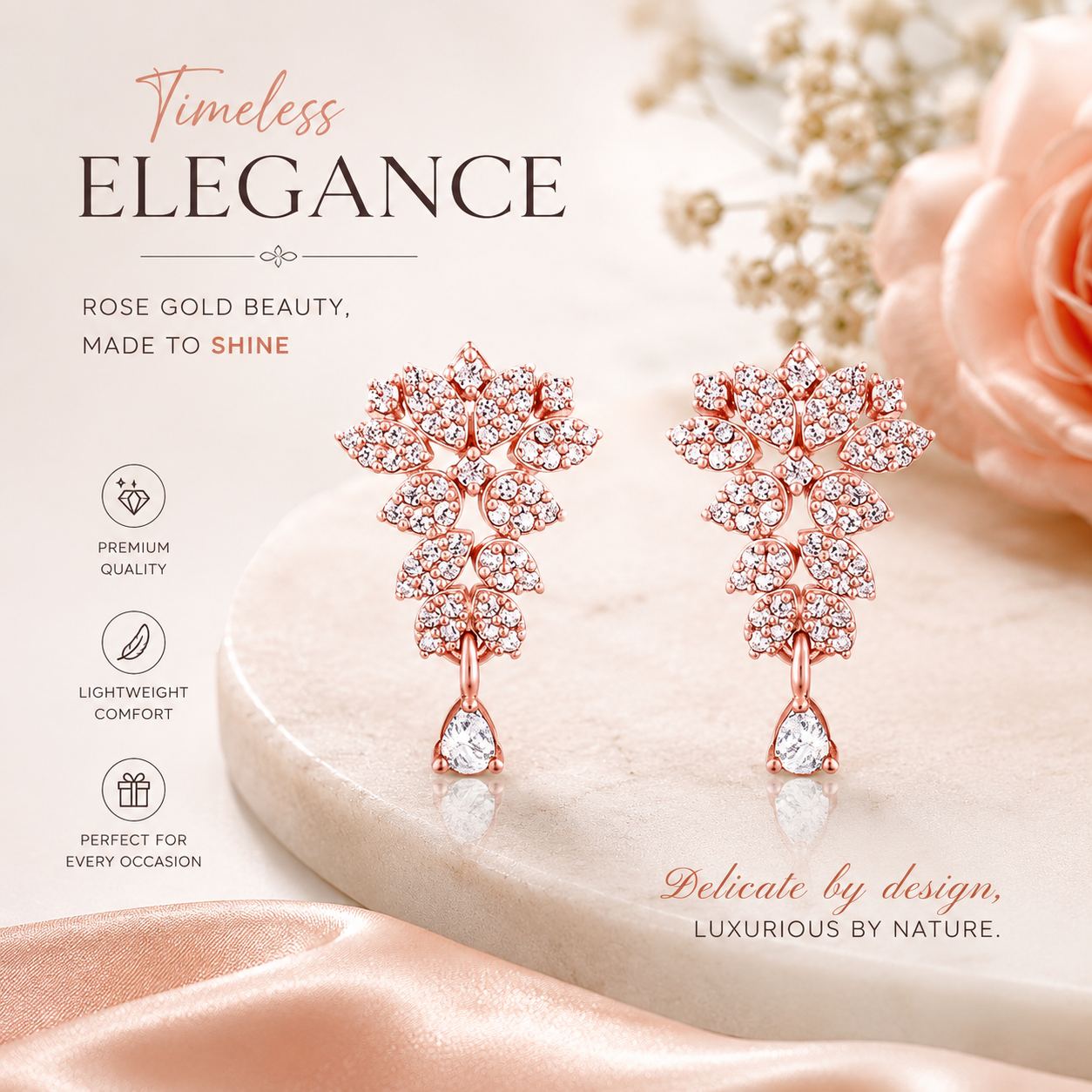 Rose Gold Floral Crystal Drop Earrings for Women