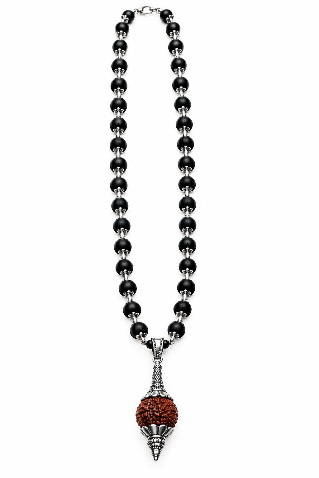 Original Karungali Wood & Rudraksha Beads Silver-Tone Pendant Mala- js-snl-035