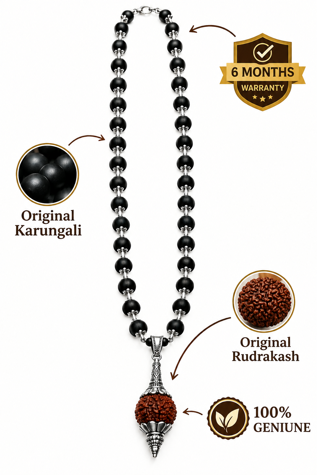 Original Karungali Wood & Rudraksha Beads Silver-Tone Pendant Mala- js-snl-035