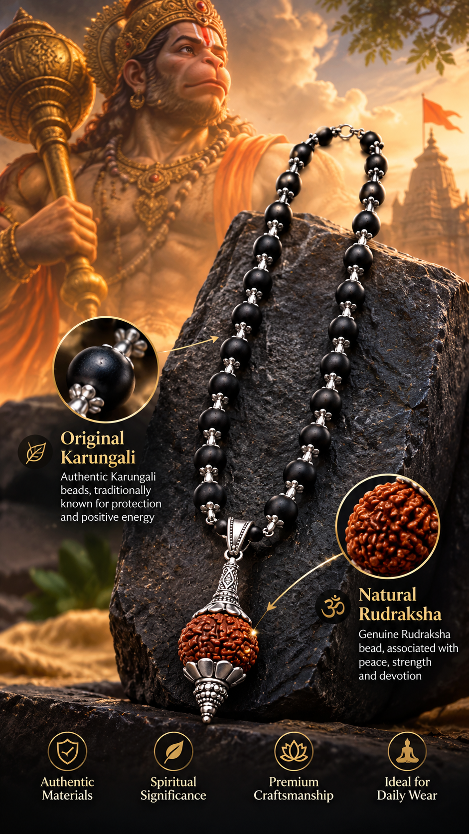 Original Karungali Wood & Rudraksha Beads Silver-Tone Pendant Mala- js-snl-035
