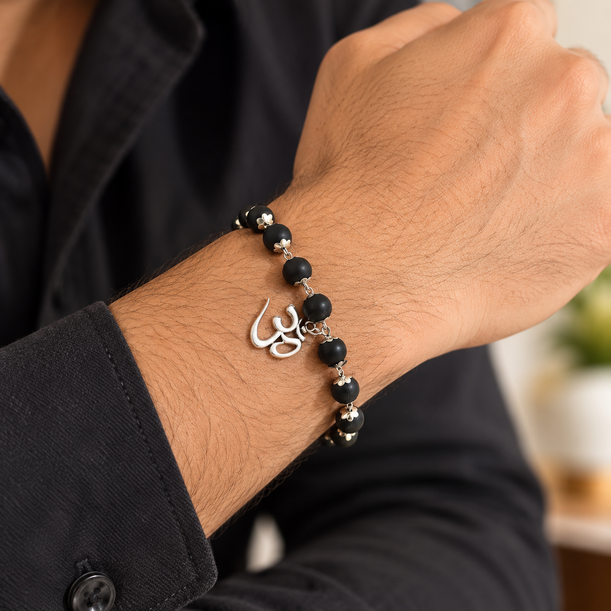 Black Beaded Om Charm Spiritual Bracelet for Men-JS-SBR-031