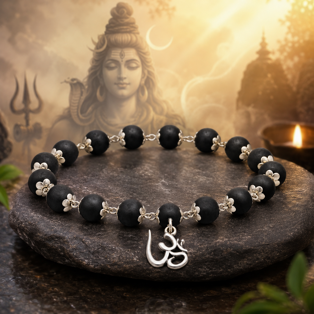Black Beaded Om Charm Spiritual Bracelet for Men-JS-SBR-031