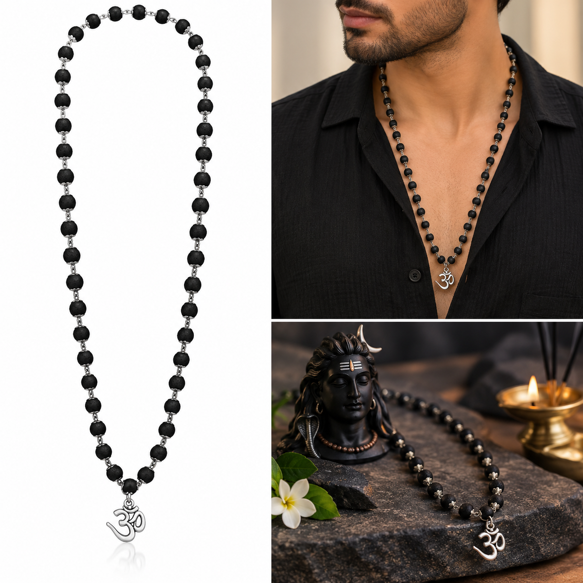 Black Beaded Om Pendant Spiritual Mala for Men-JS-SNL-028
