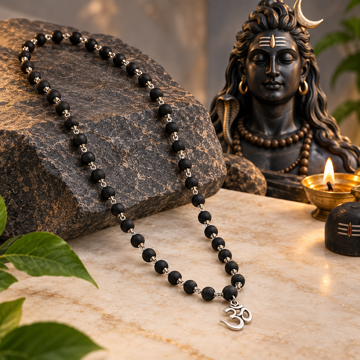 Black Beaded Om Pendant Spiritual Mala for Men-JS-SNL-028