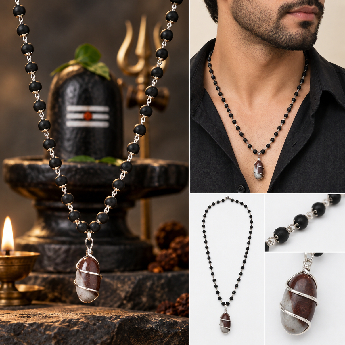 Black Beaded Shivling Pendant Mala for Men-JS-SNL-029