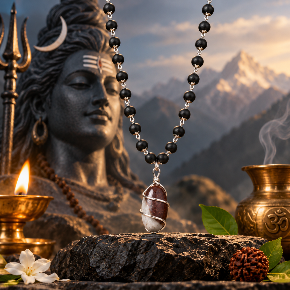 Black Beaded Shivling Pendant Mala for Men-JS-SNL-029