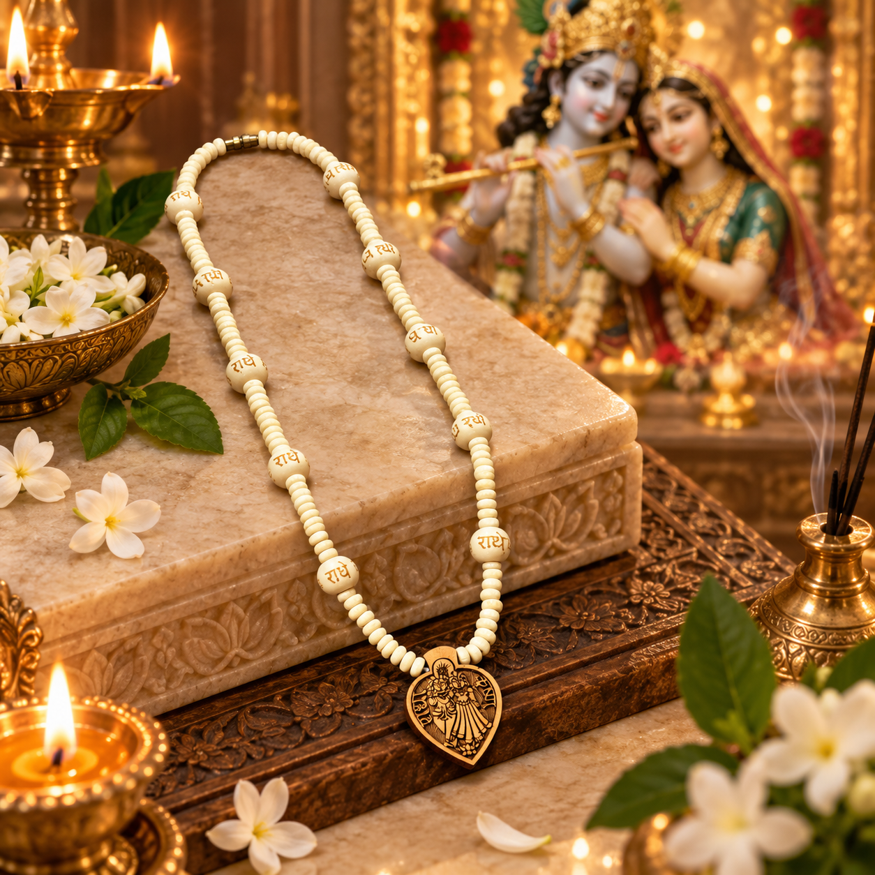 Radha Krishna Tulsi Bead Mala with Wooden Pendant-JS-SNL-032