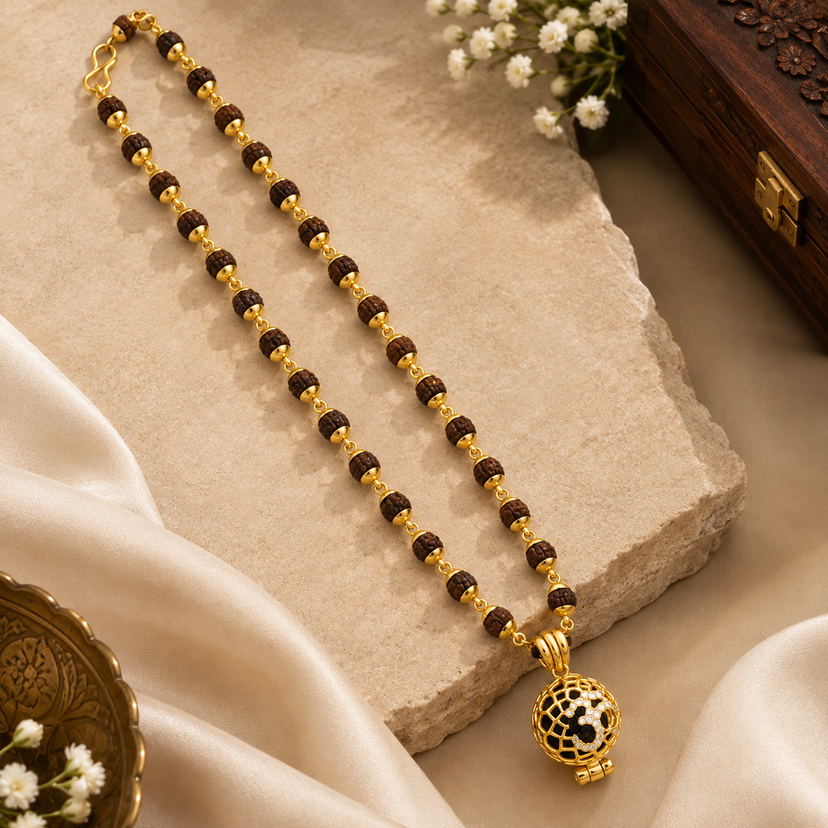 Gold-Plated Black & Brown Beaded Designer Mala with Statement Pendant-JS-SNL-033