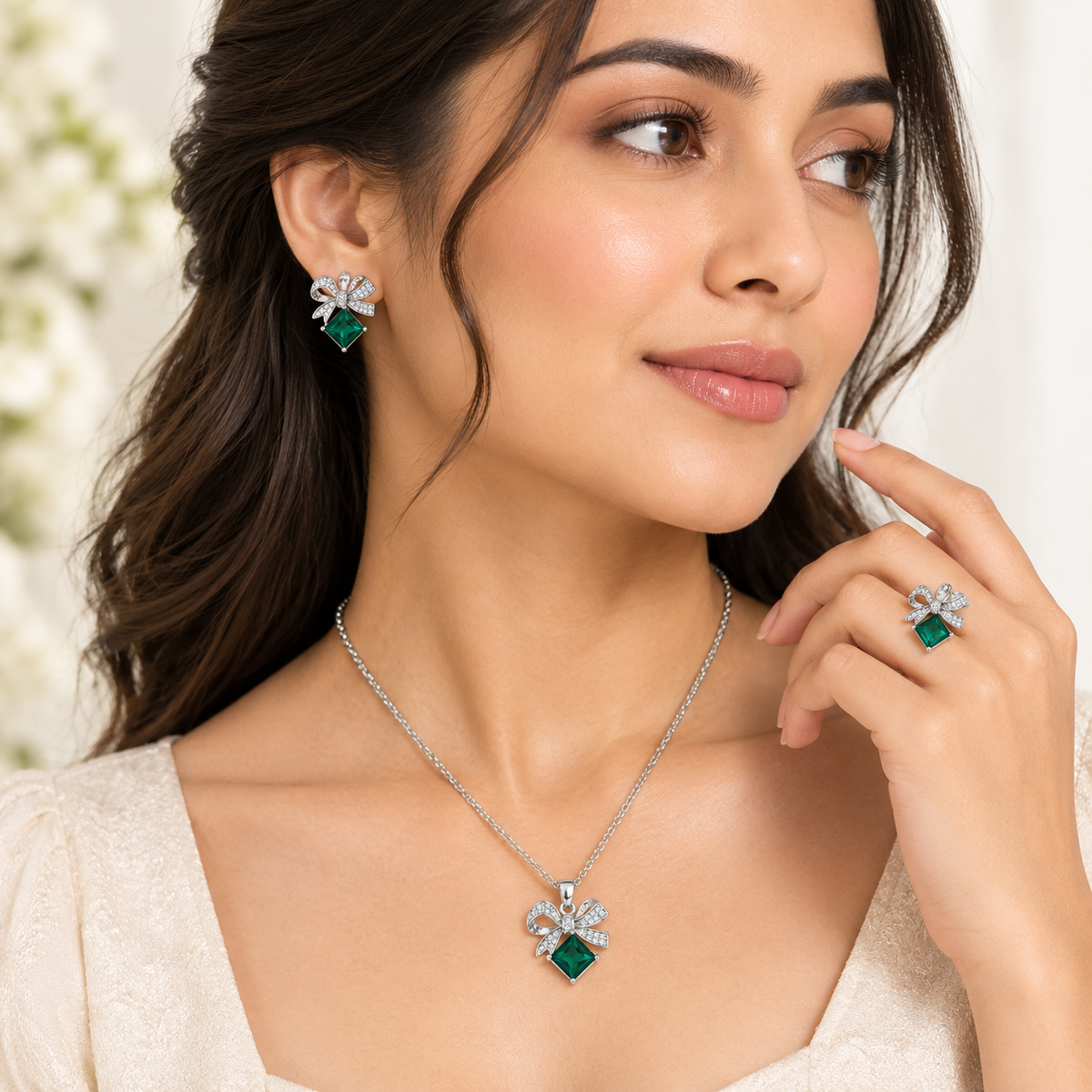 Green Bow Pendant Jewellery Set-WJ-JS26-NL0186