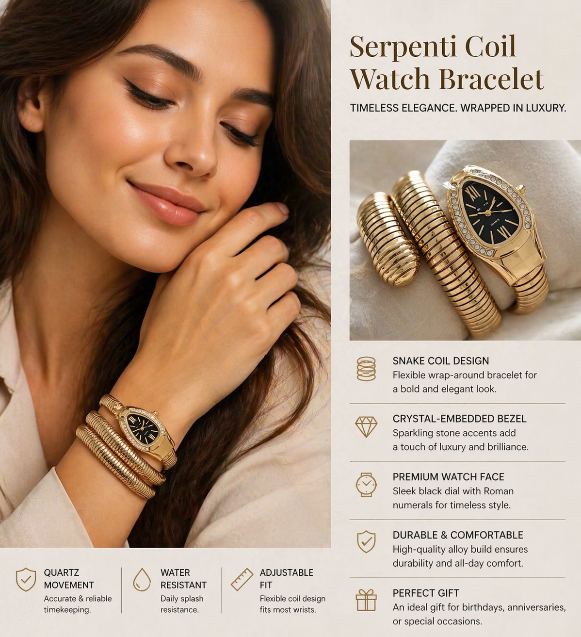 Gold Serpenti Coil Watch Bracelet for Women | Adjustable Wrap Around Bracelet Watch