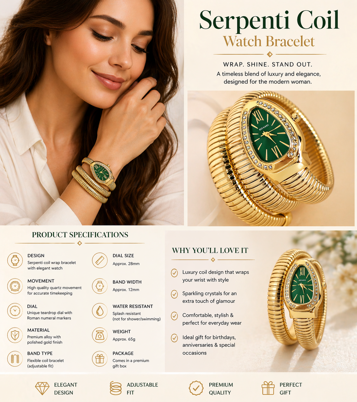 Gold Serpenti Coil Watch Bracelet for Women | Adjustable Wrap Around Bracelet Watch
