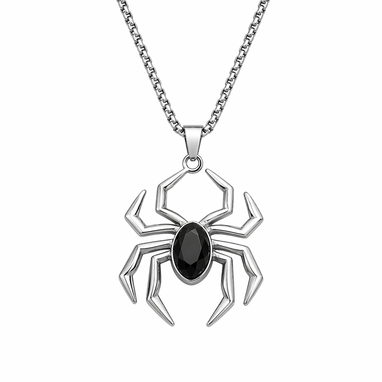 Spider Pendant Necklace for Men | Stainless Steel Chain with Black Stone | Anti-Tarnish, Hypoallergenic, Gothic Style Jewelry for Boys & Men