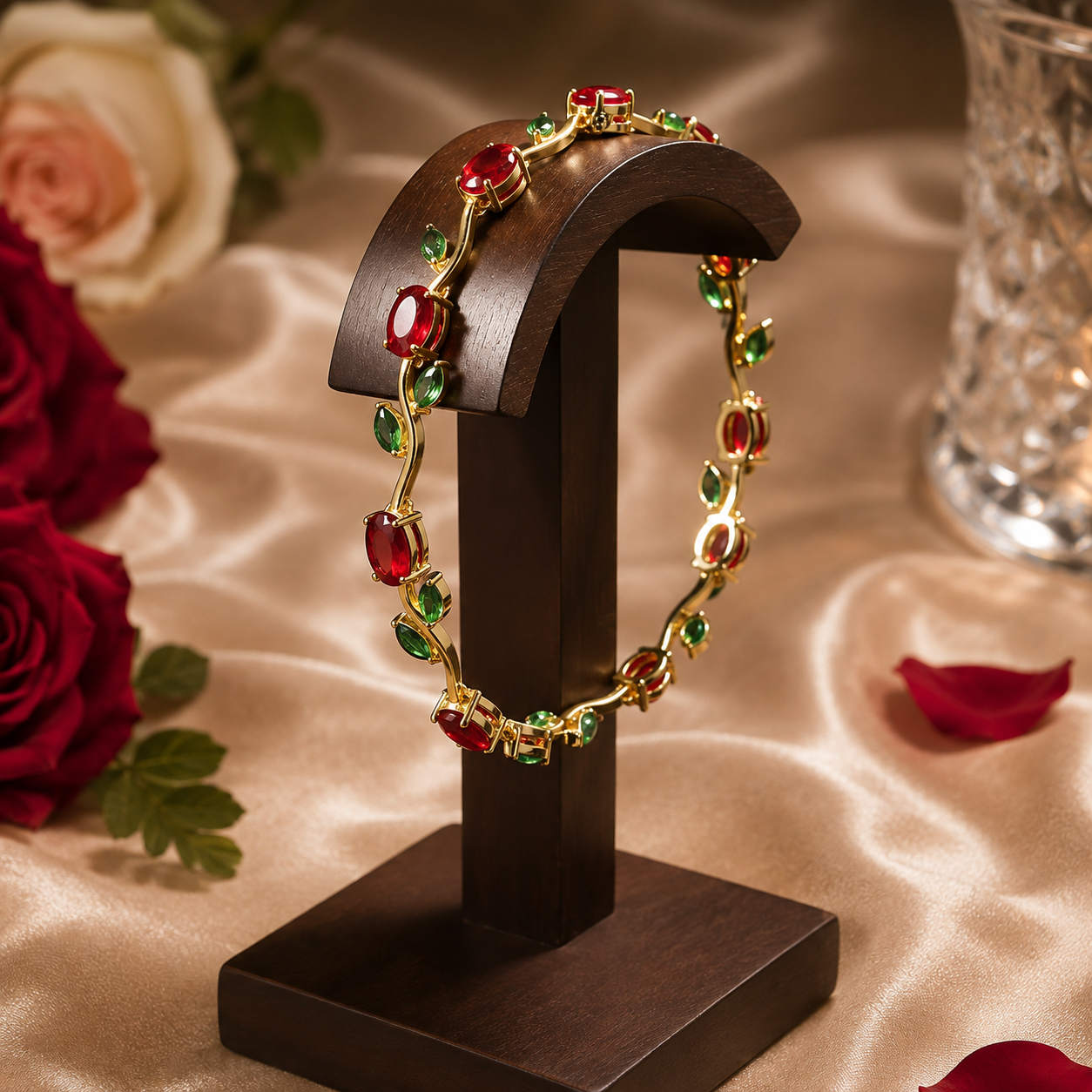 Jazz And Sizzle Tulip Bracelet with Oval Red and Marquise Green Stones, Floral Vine Style |Anti Tarnish