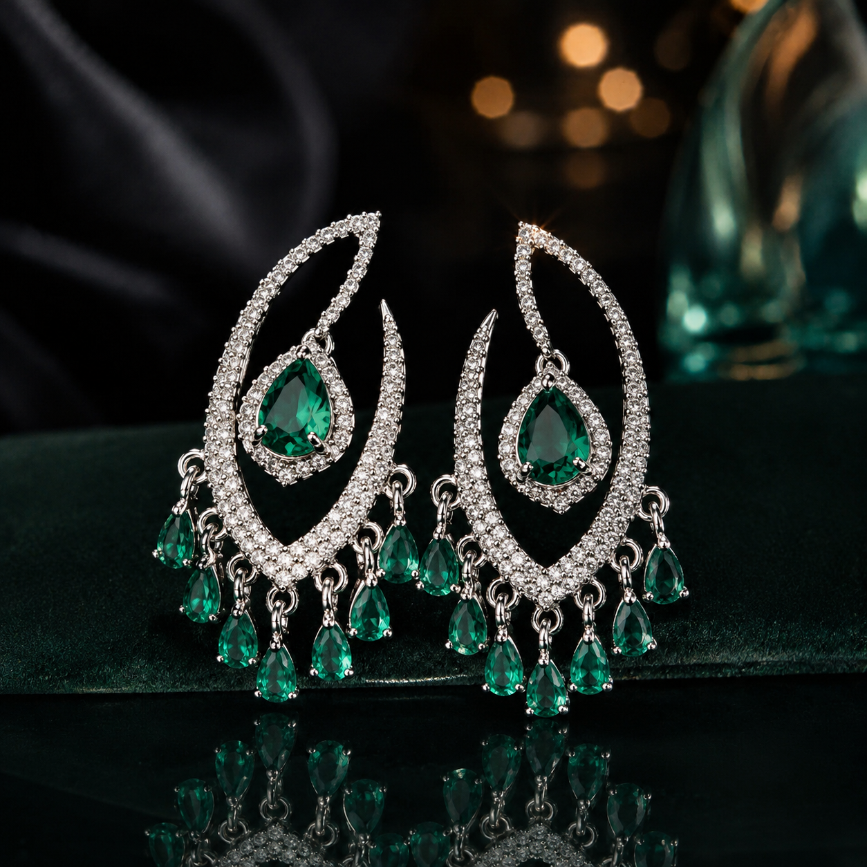 Green & White Rhodium Plated Ad Studded Drop Earrings--EAR-JS23-30186