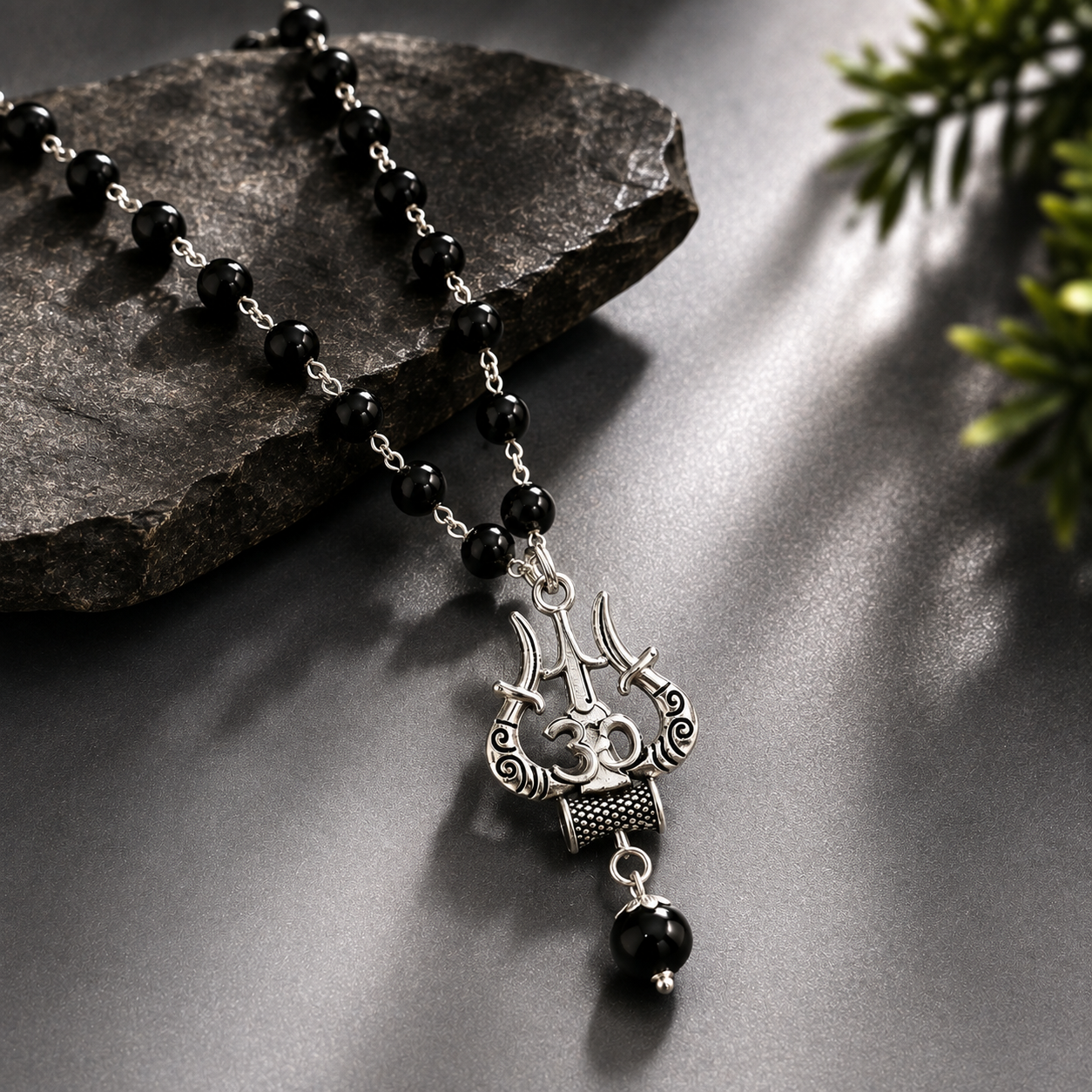 Silver Plated Karungali Necklace with Trishool Pendant-JS-SNC-0013