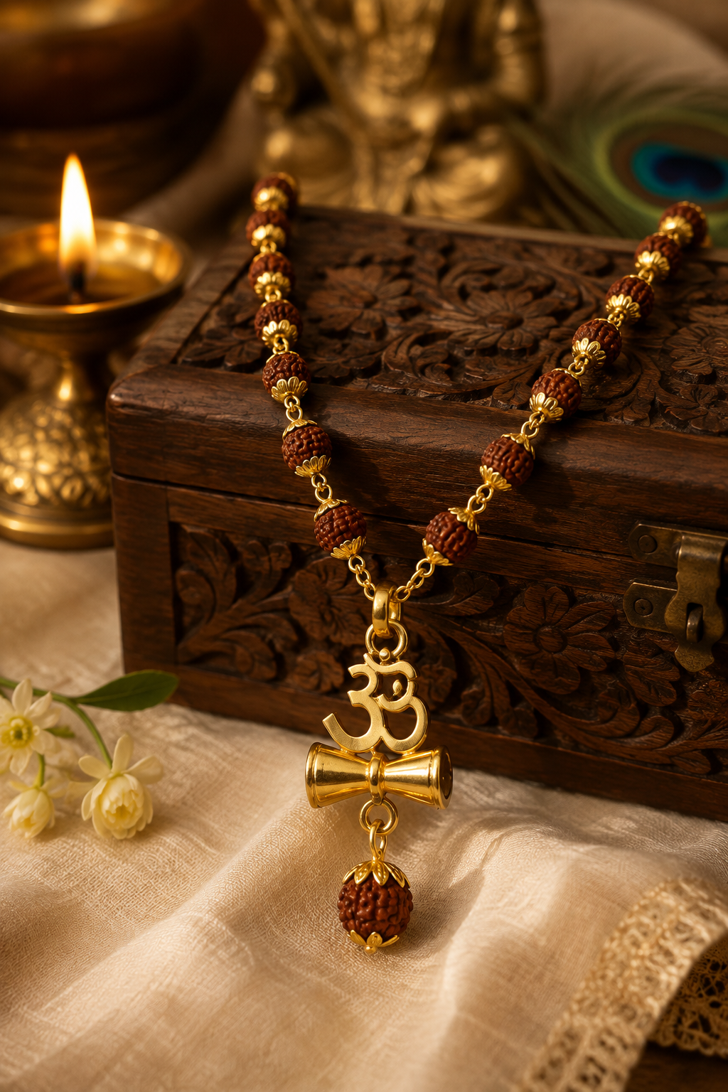 Om Damru Rudraksha Beaded Spiritual Pendant Necklace for Men-JS-SNC-002