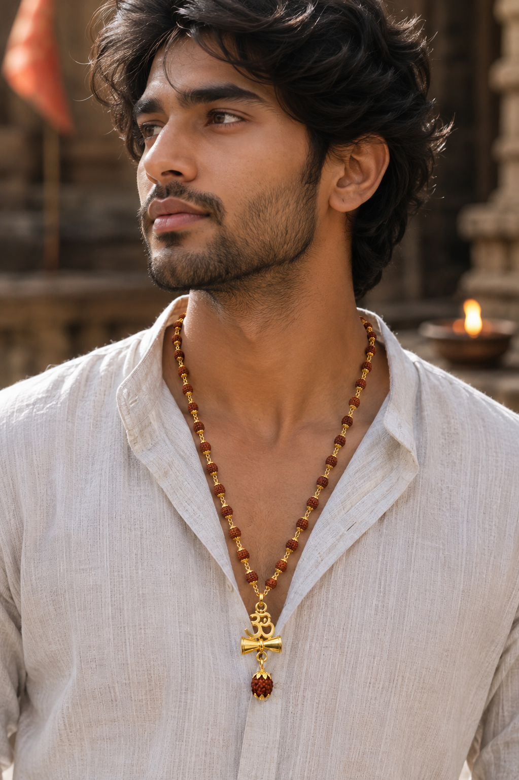 Om Damru Rudraksha Beaded Spiritual Pendant Necklace for Men-JS-SNC-002