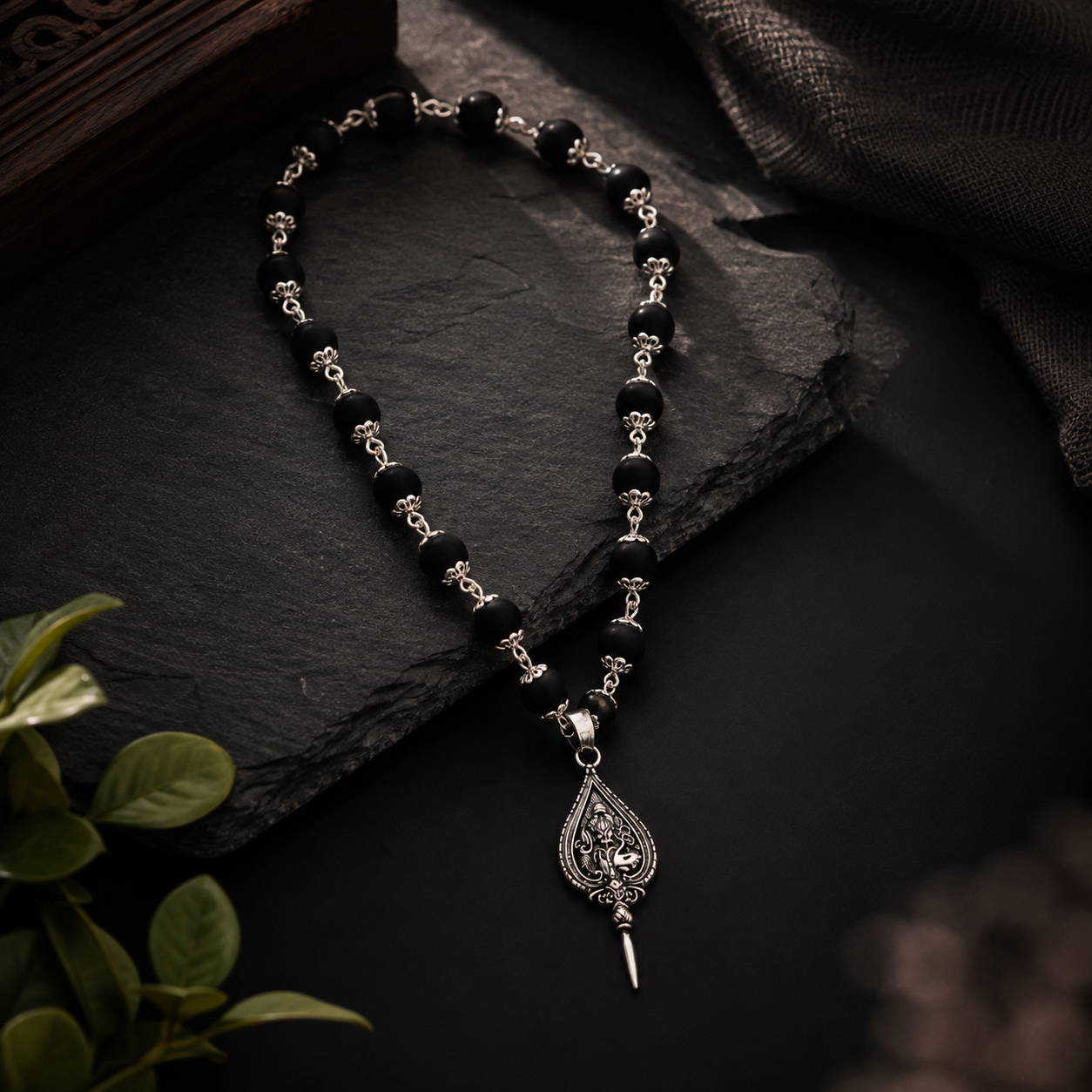 Lord Ganesha Black Beaded Necklace for Men-JS-SNC-009