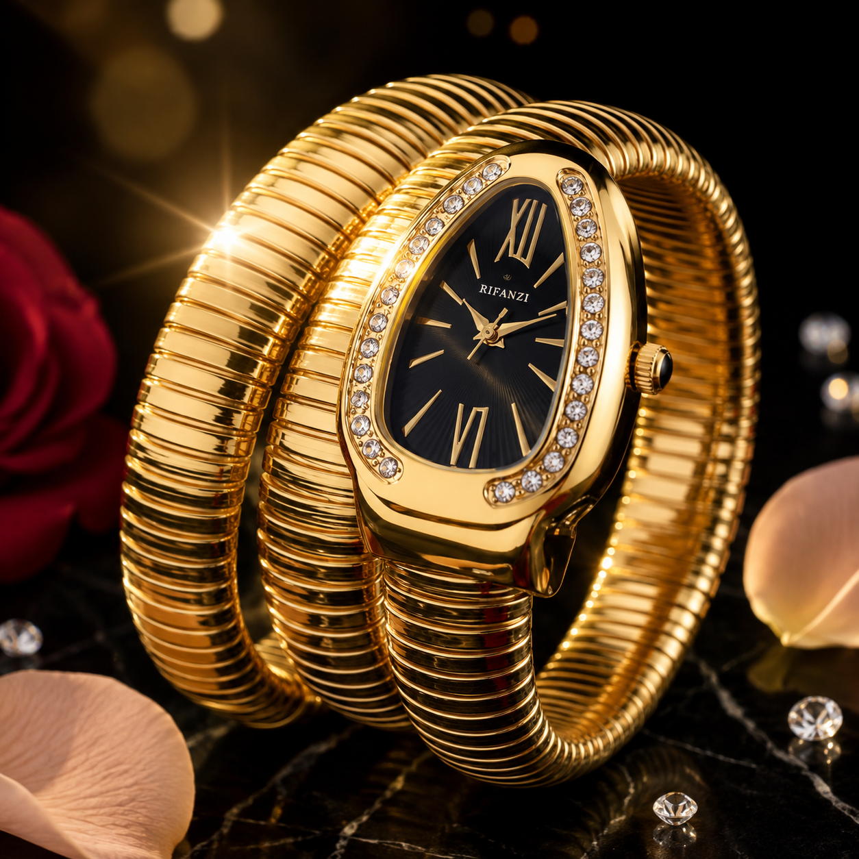 Gold Serpenti Coil Watch Bracelet for Women | Adjustable Wrap Around Bracelet Watch