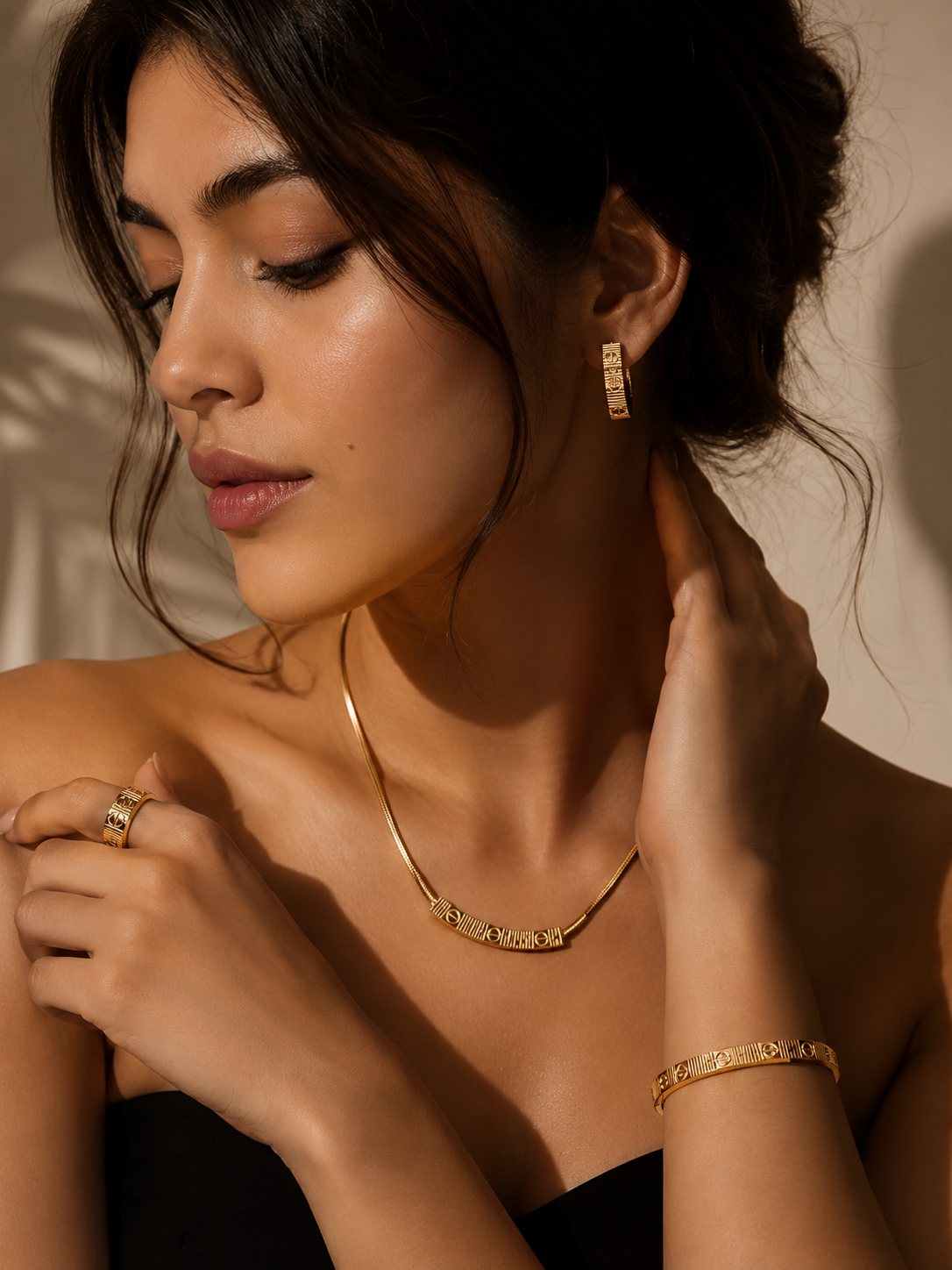 Anti Tarnish Gold Plated Textured Bar Necklace Set with Bracelet, Ring & Earrings