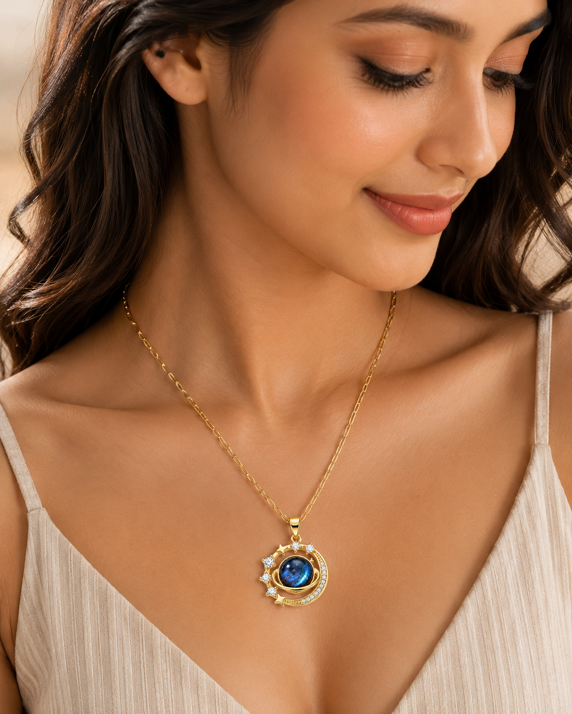 Gold-Plated Celestial Galaxy Pendant Necklace with Blue Crystal for Women-WJ-JS26-NL0178