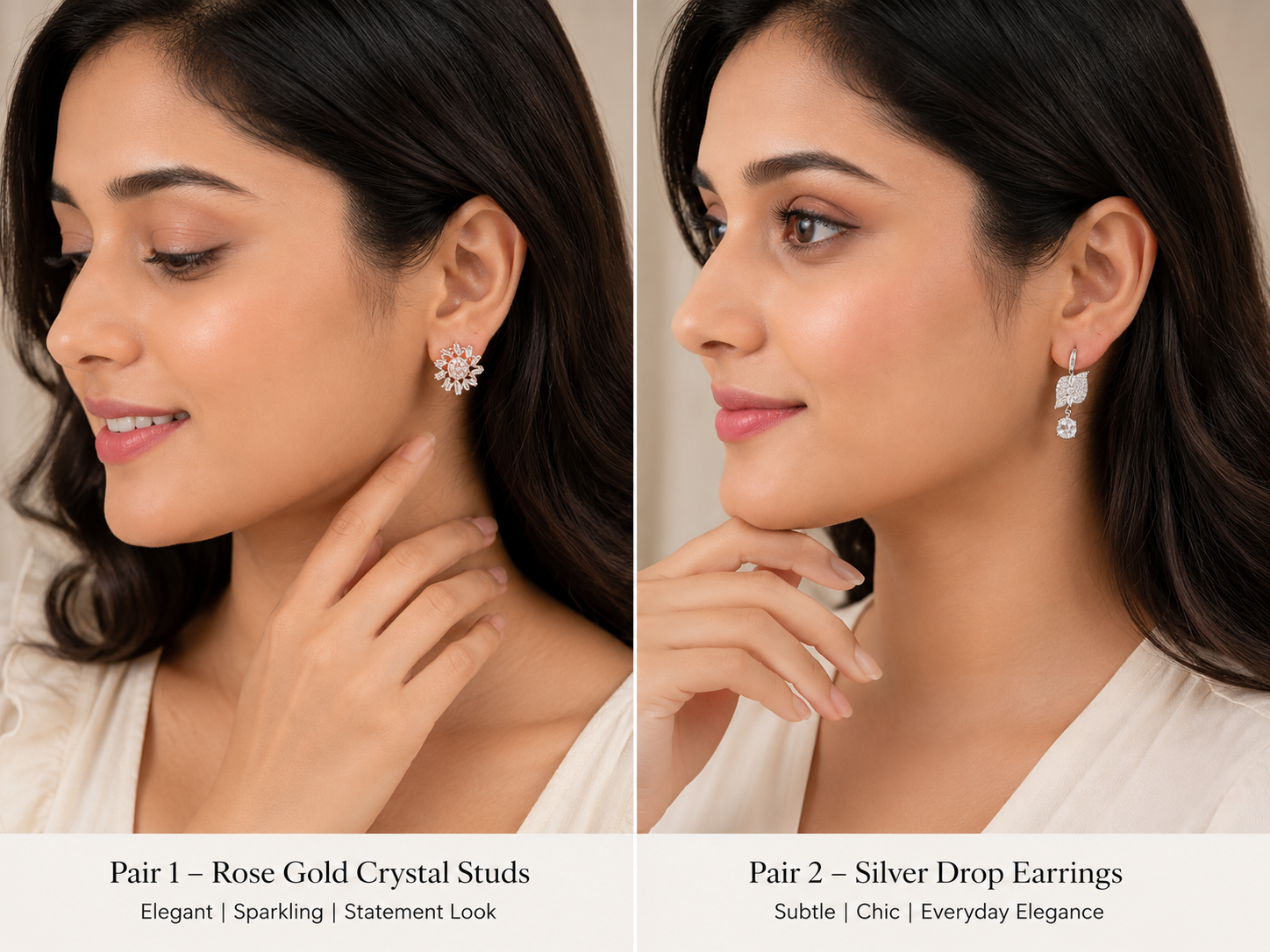 Rose Gold Floral Crystal & Silver Leaf Stud Earrings Combo Set for Women | Premium CZ Party Wear Earrings (2 Pairs)