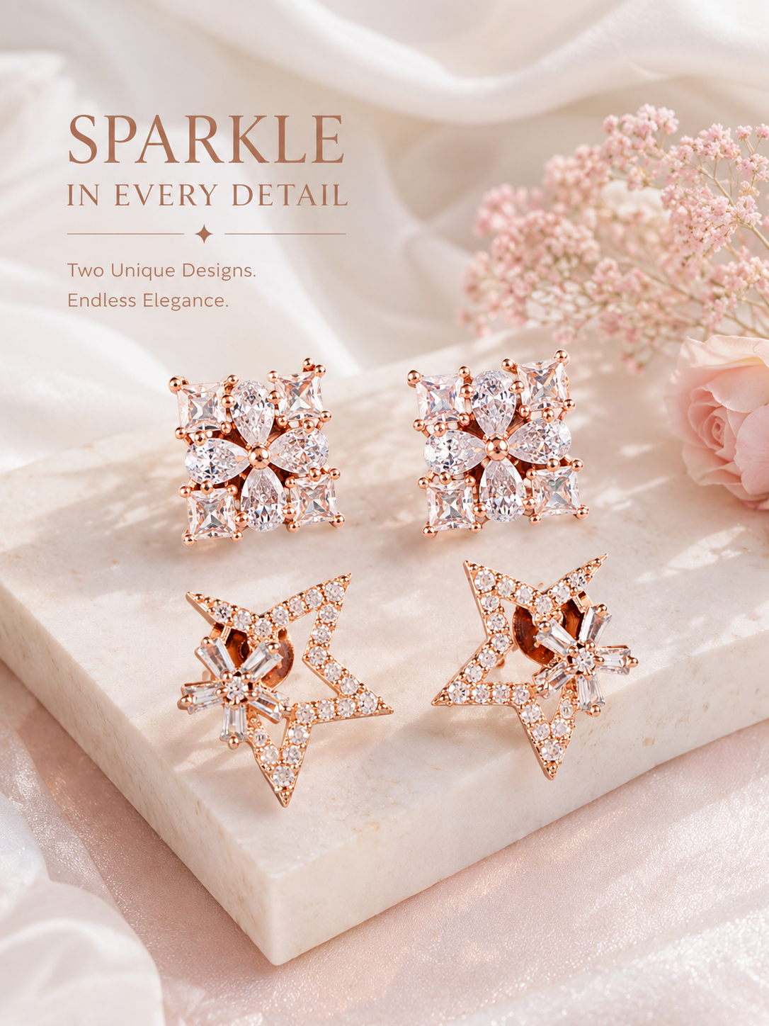 Rose Gold Crystal Floral & Star Stud Earrings Combo Set for Women | Premium Cubic Zirconia Designer Studs (2 Pairs)