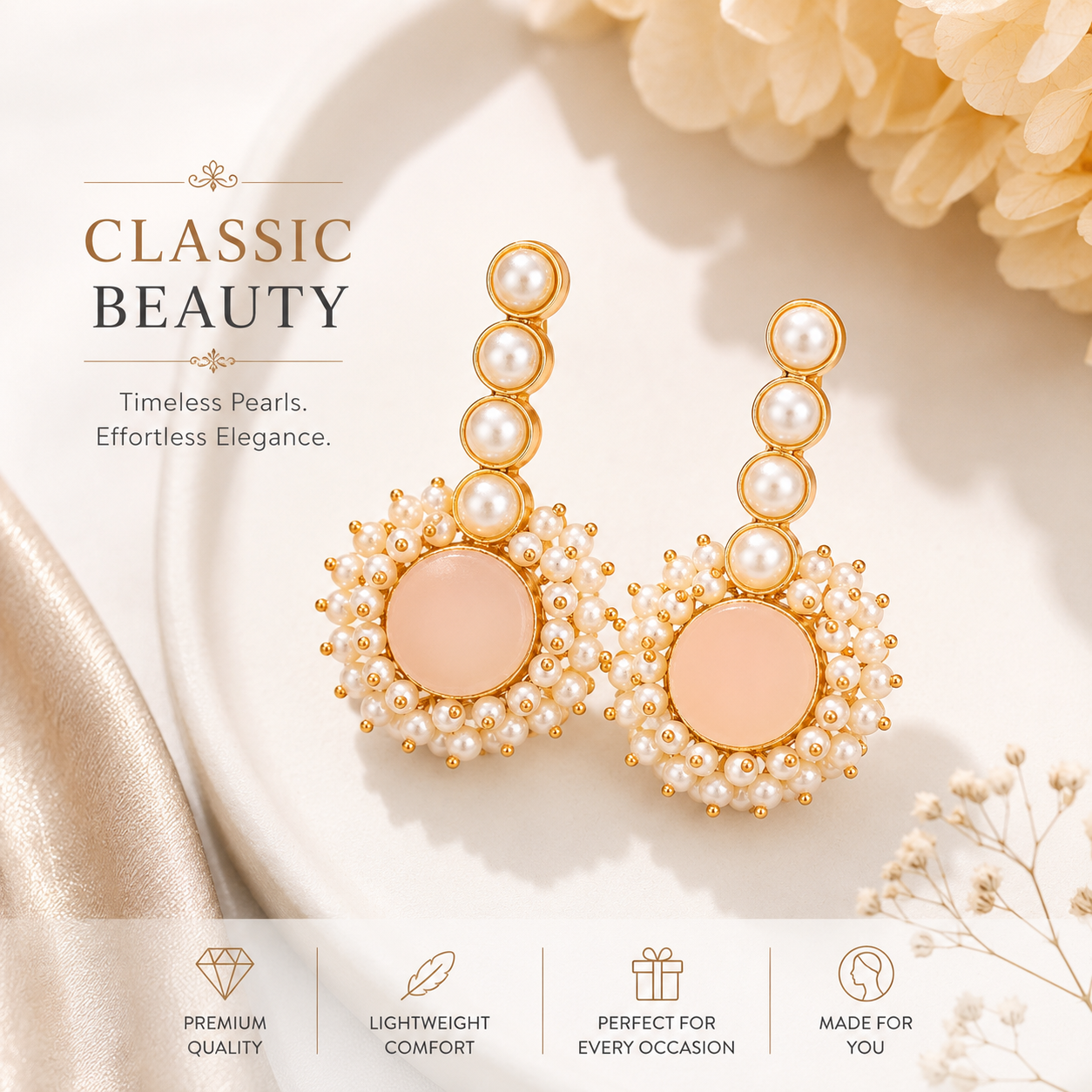 vGold-Plated Pearl Drop Statement Earrings for Women | Elegant Beaded Circular Dangle Earrings | Party & Ethnic Wear