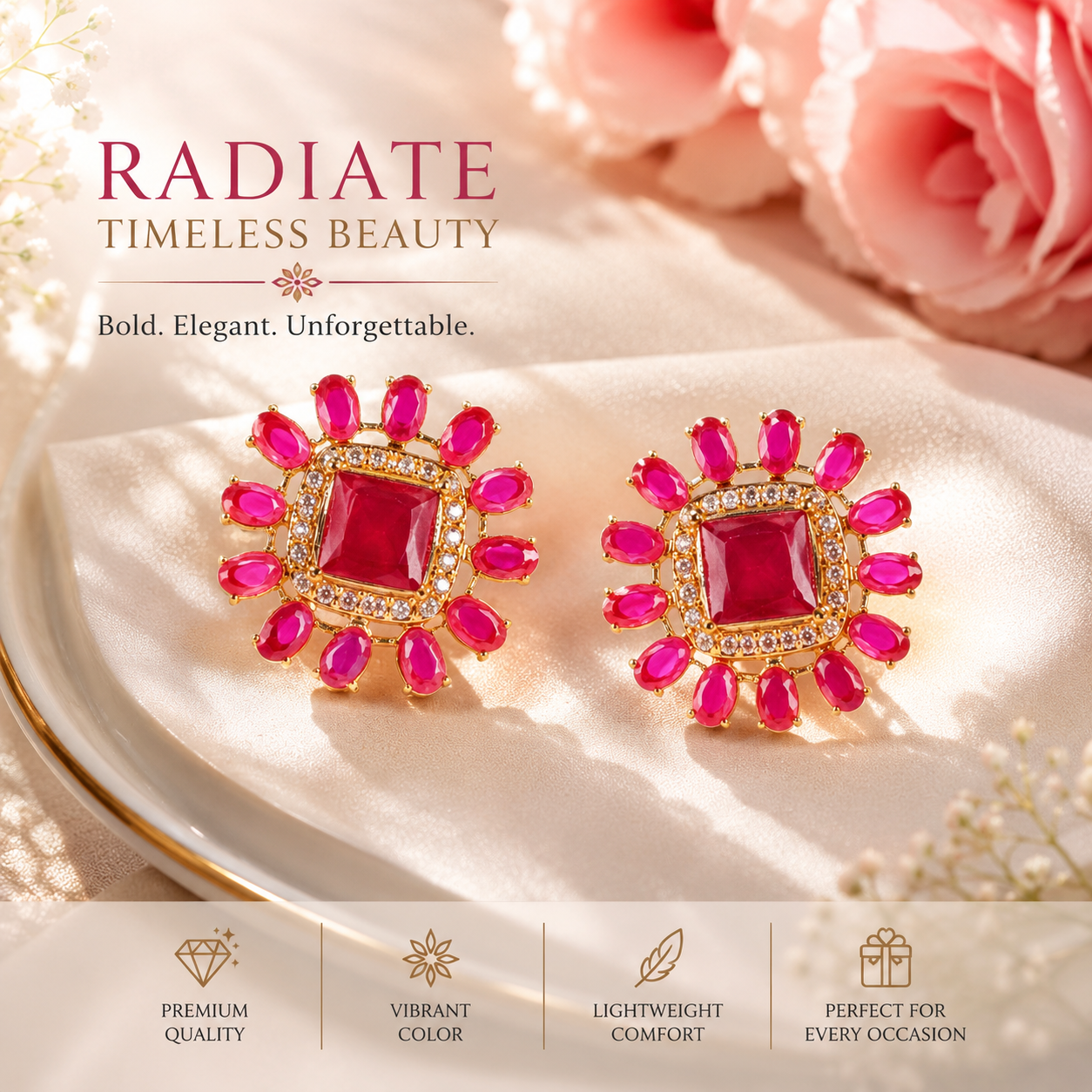 Gold-Plated Ruby Pink Floral Stud Earrings for Women | Premium Crystal Designer Party Wear Earrings