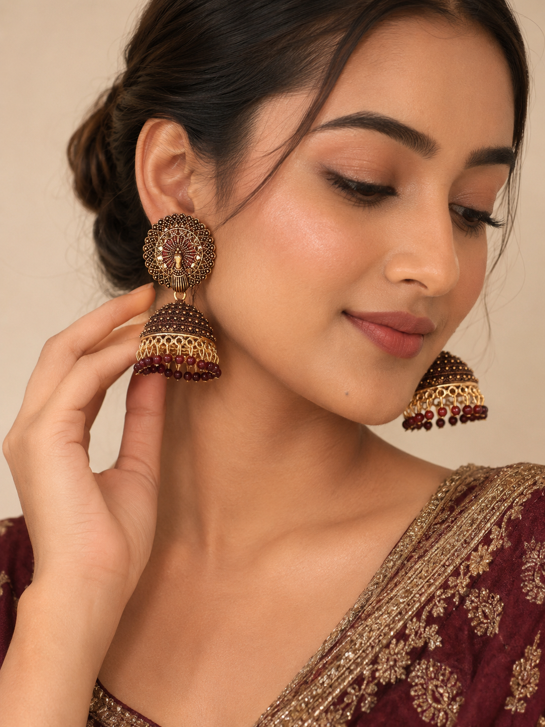 Jazz And Sizzle Gold-Plated Peacock Studded Beaded Traditional Jhumka Earrings for Women
