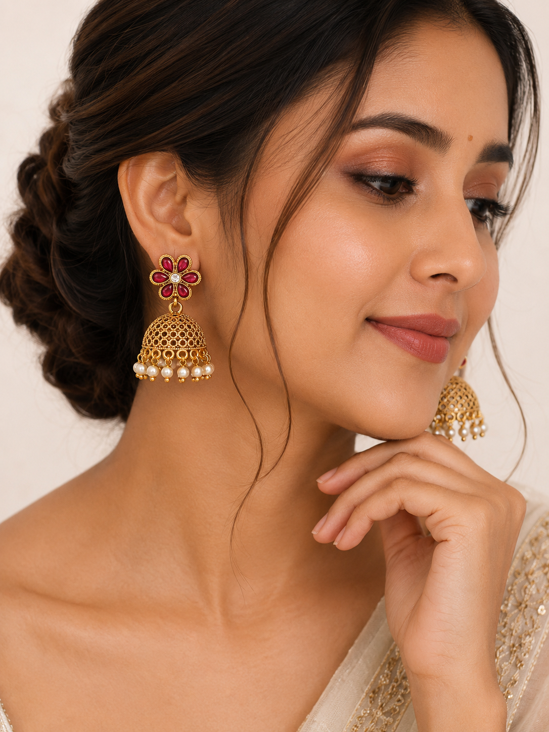 Gold Plated & Red Stone Studded, Pearl Beaded Dome Shaped Jhumka Earring