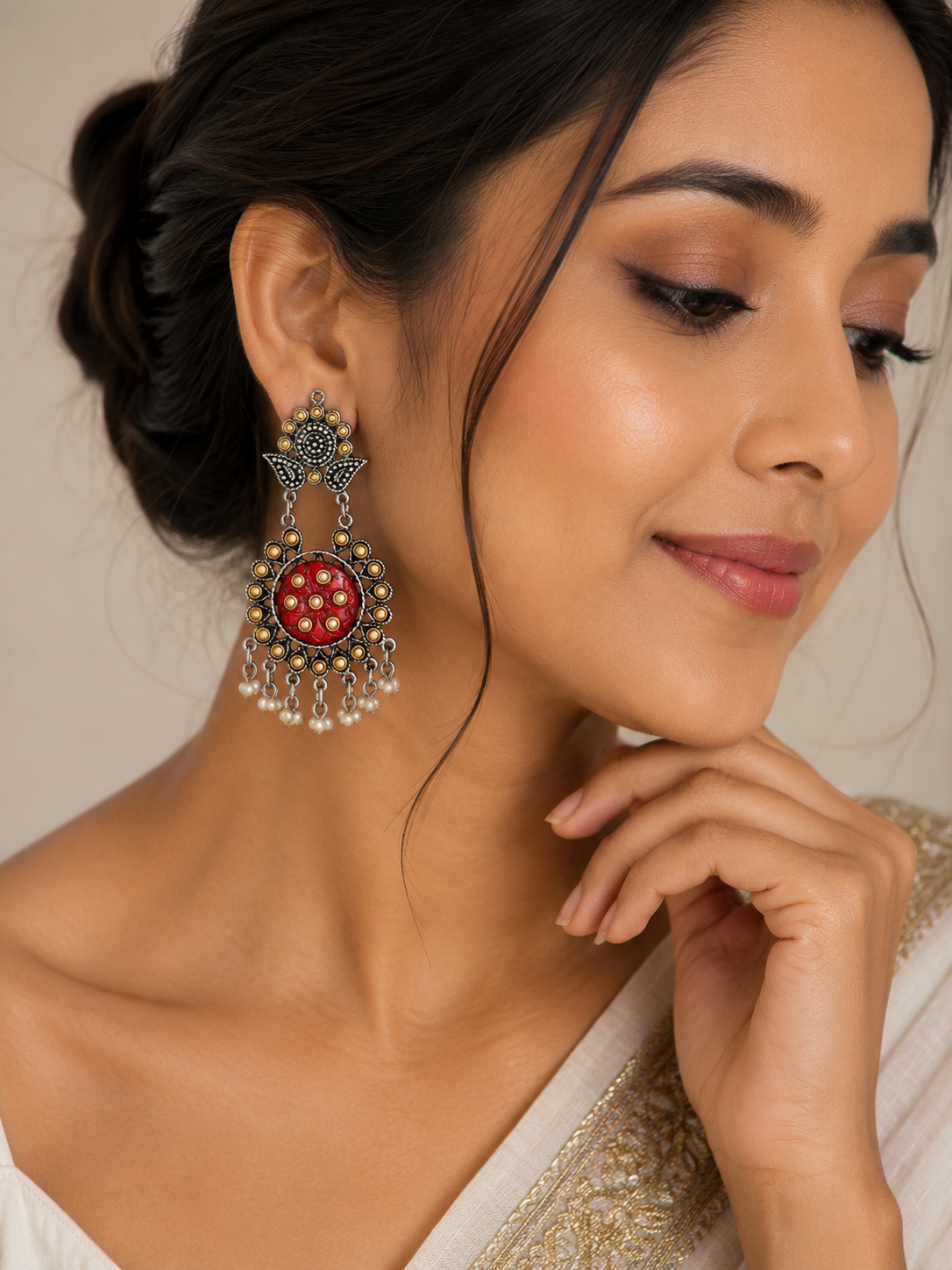 Jazz And Sizzle Oxidised Silver Tribal Red Stone Chandbali Earrings