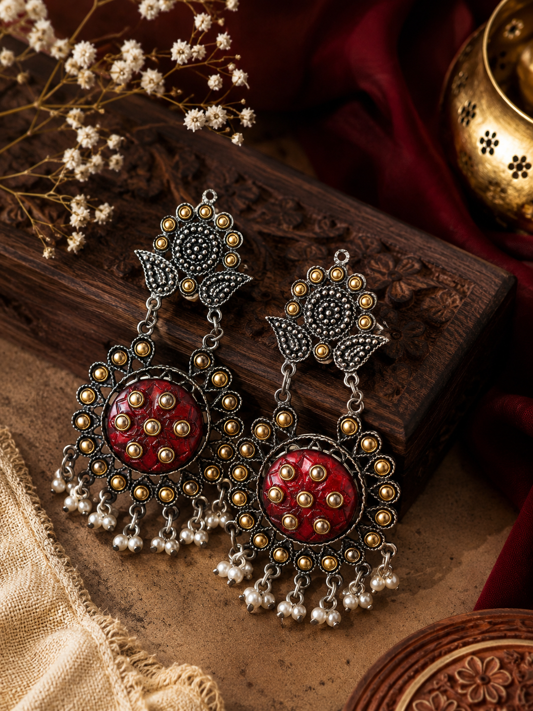 Jazz And Sizzle Oxidised Silver Tribal Red Stone Chandbali Earrings