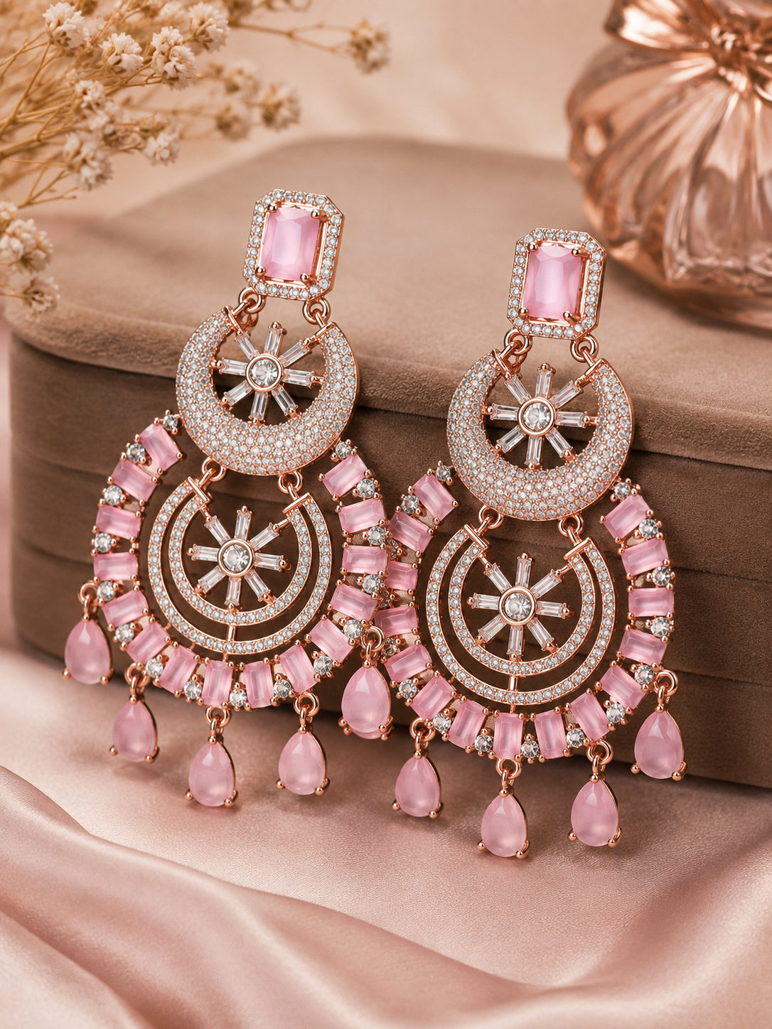 Rose Gold Plated & Pink American Diamond Studded Chandbalis Earrings