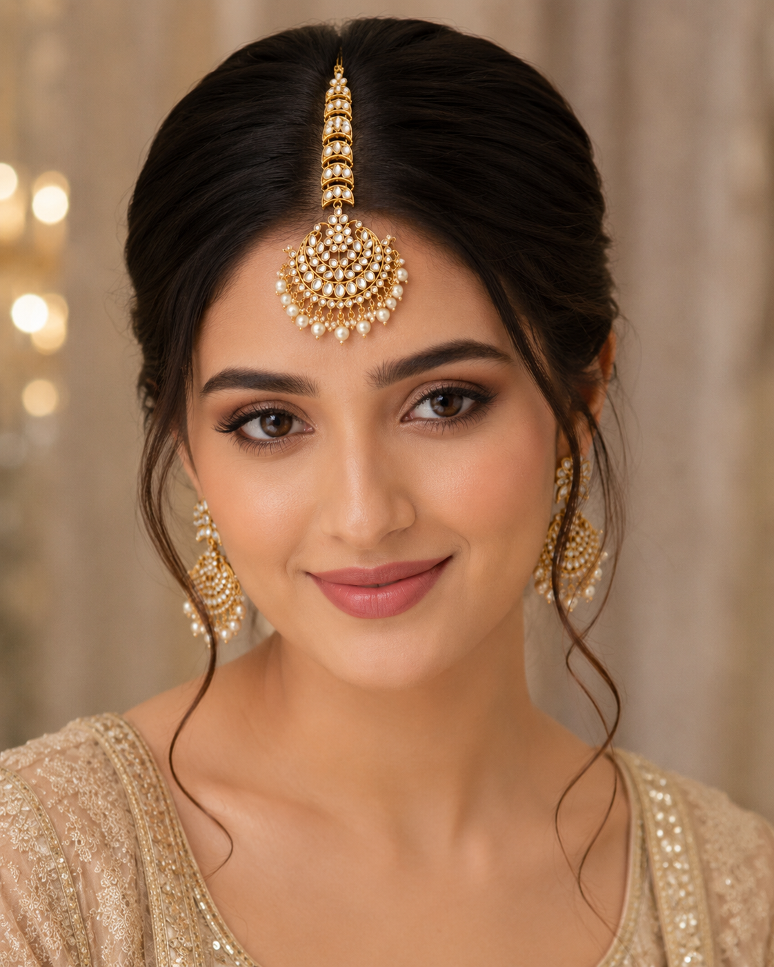 Gold-Plated Kundan & Pearl Crescent Chandbali Jhumar Passa for Women