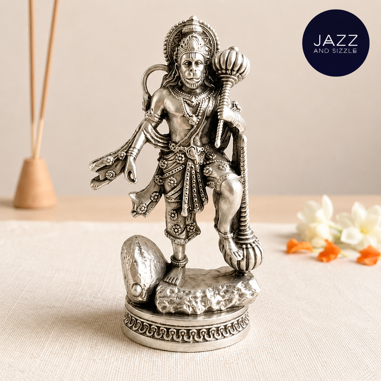 Hanuman Ji with Gada Idol | Strength, Protection & Spiritual Energy ( Silver Plated )