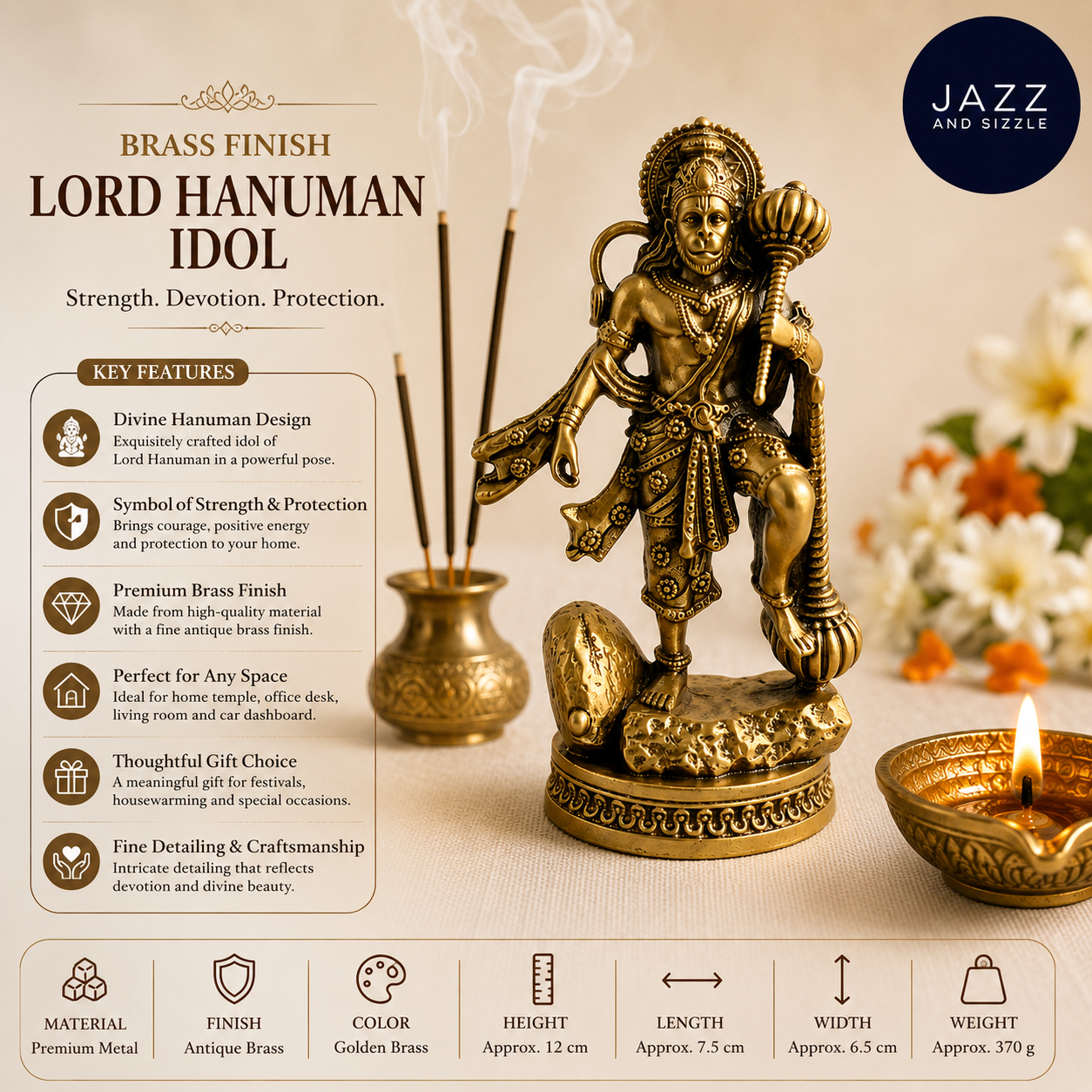 Divine Hanuman Ji Idol with Gada | Strength, Protection & Blessings ( Gold Plated )-JS_IDL-006