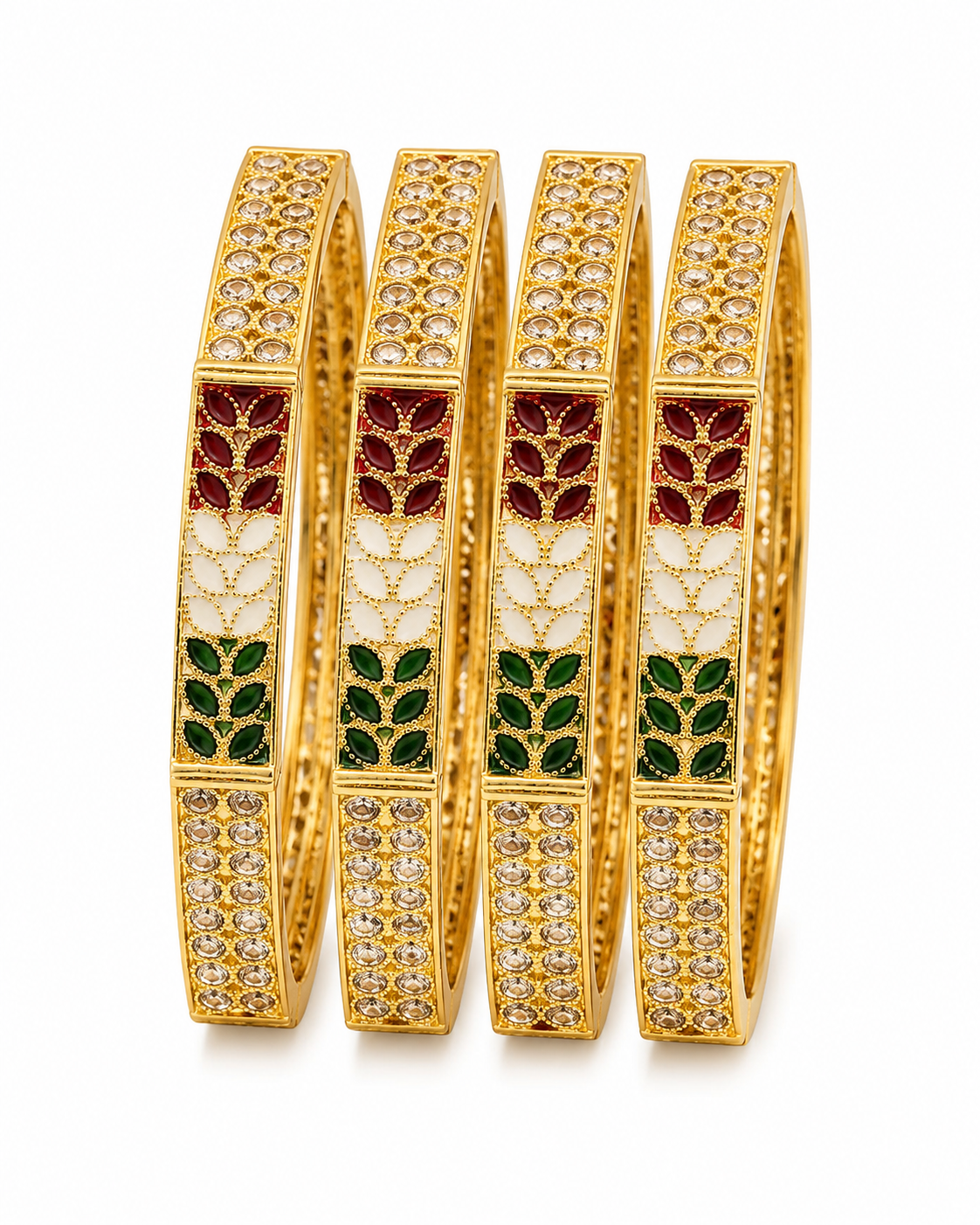 Gold-Plated Tricolor Meenakari Stone Studded Bangles Set for Women (Set of 4)